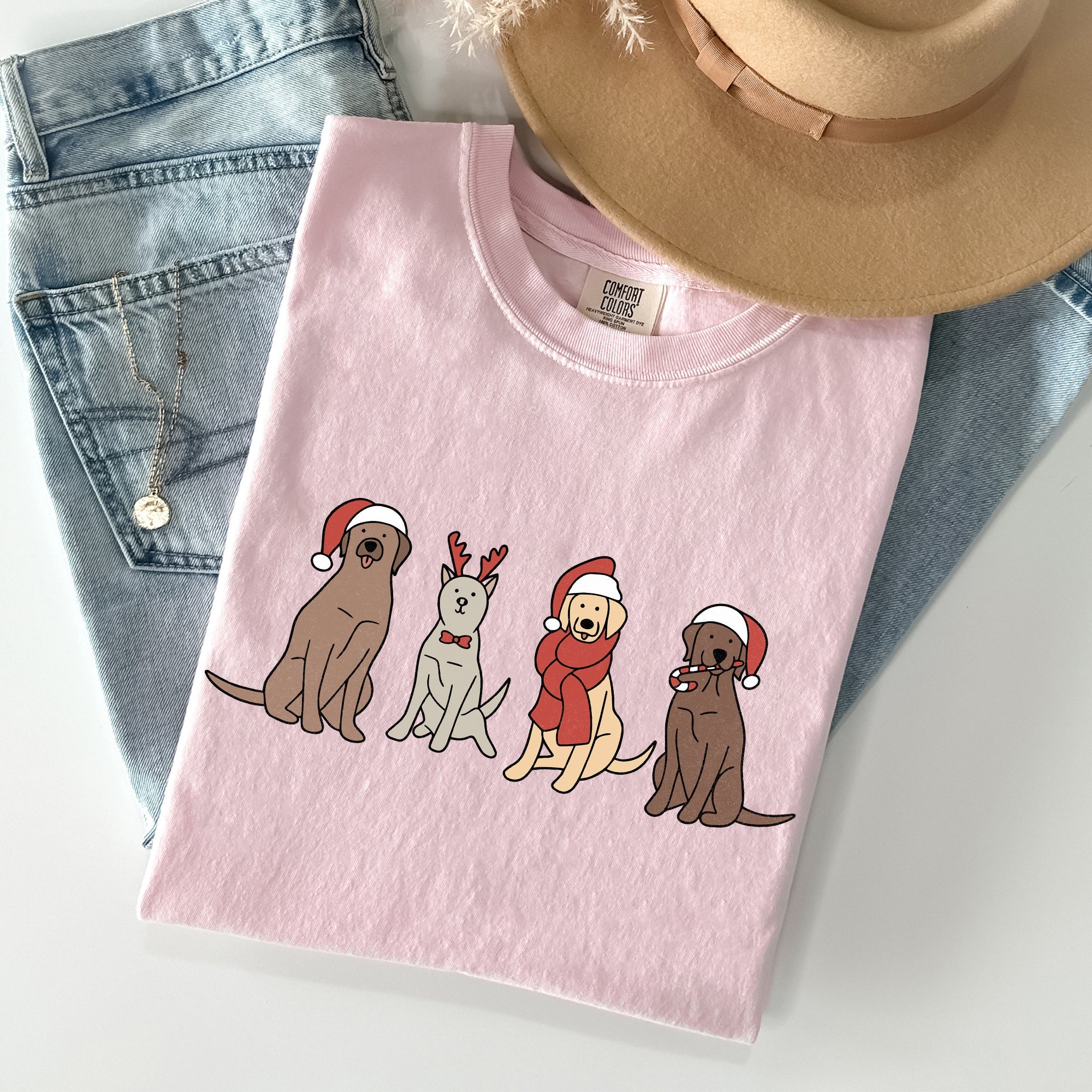 Adorable Christmas Dogs, Reindeer, Santa, Retro Xmas Holiday Scene Comfort Colors Tee