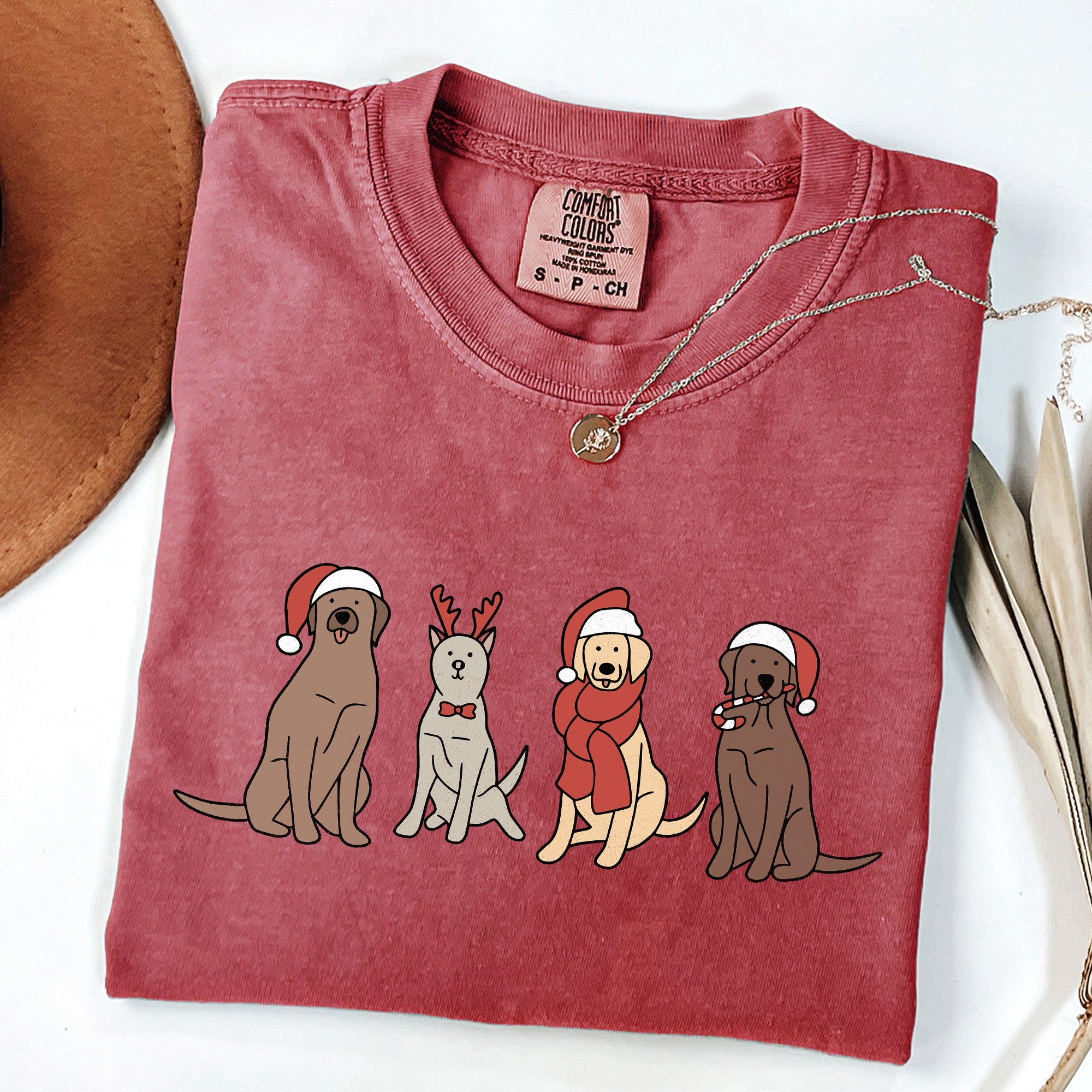 Adorable Christmas Dogs, Reindeer, Santa, Retro Xmas Holiday Scene Comfort Colors Tee