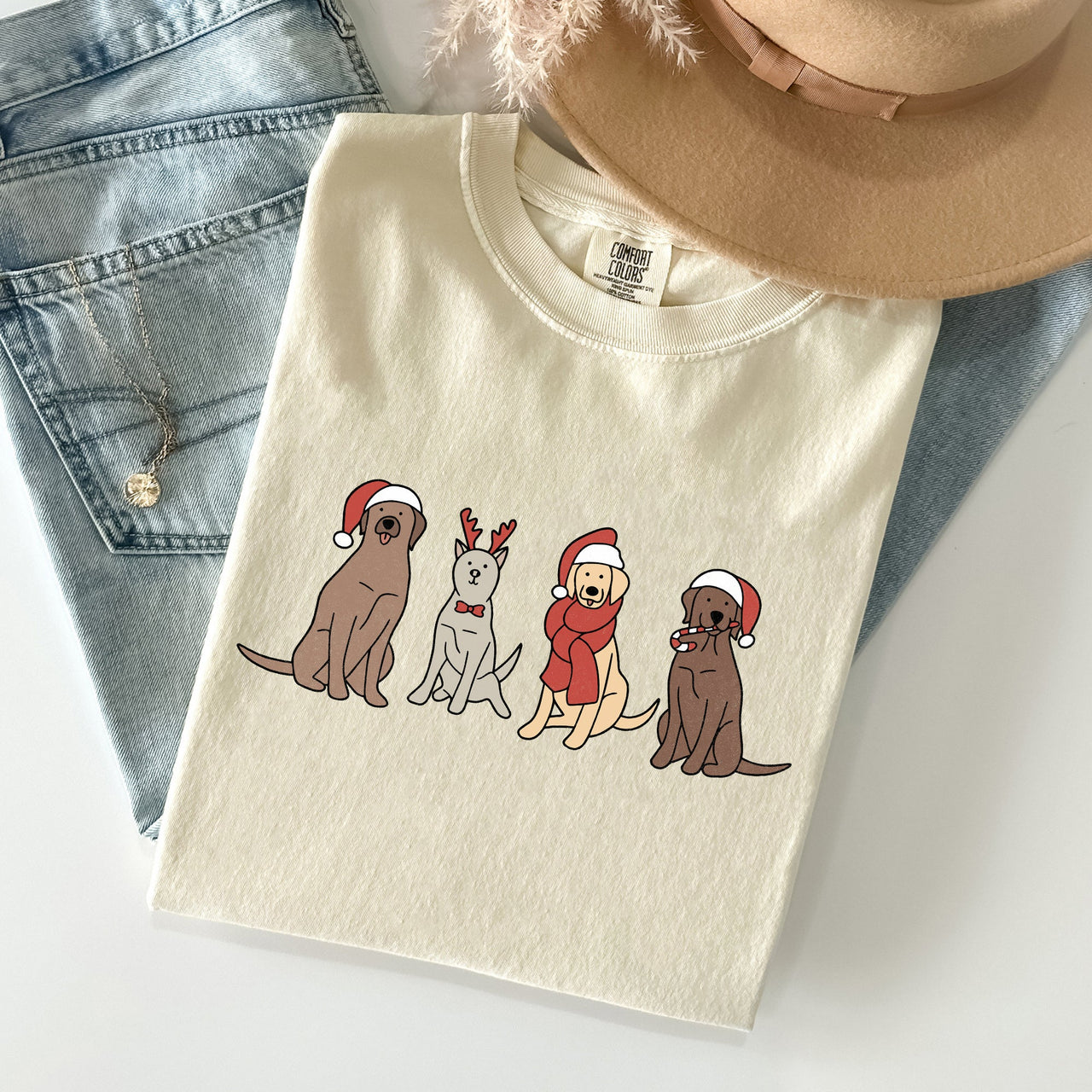 Adorable Christmas Dogs, Reindeer, Santa, Retro Xmas Holiday Scene Comfort Colors Tee