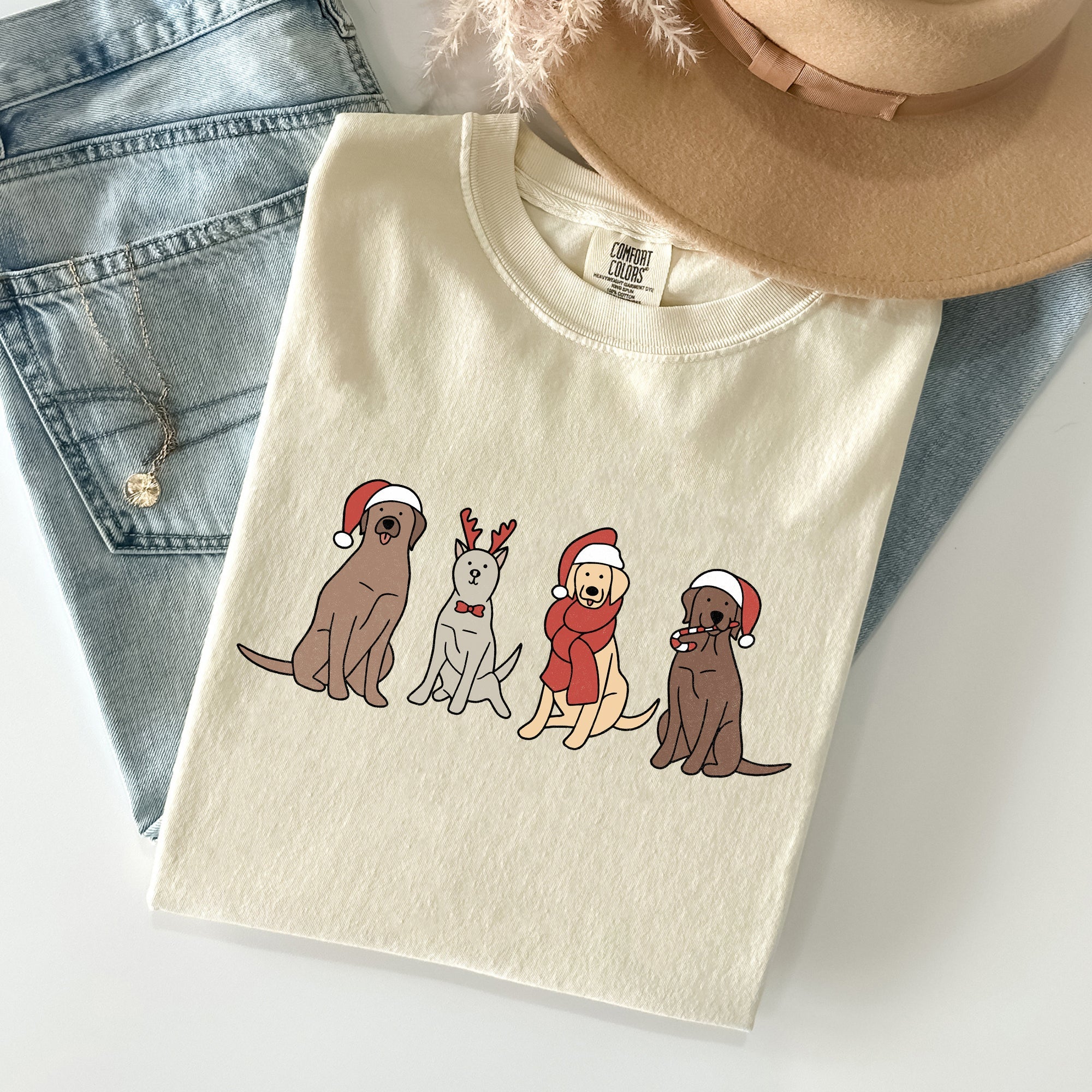 Adorable Christmas Dogs, Reindeer, Santa, Retro Xmas Holiday Scene Comfort Colors Tee