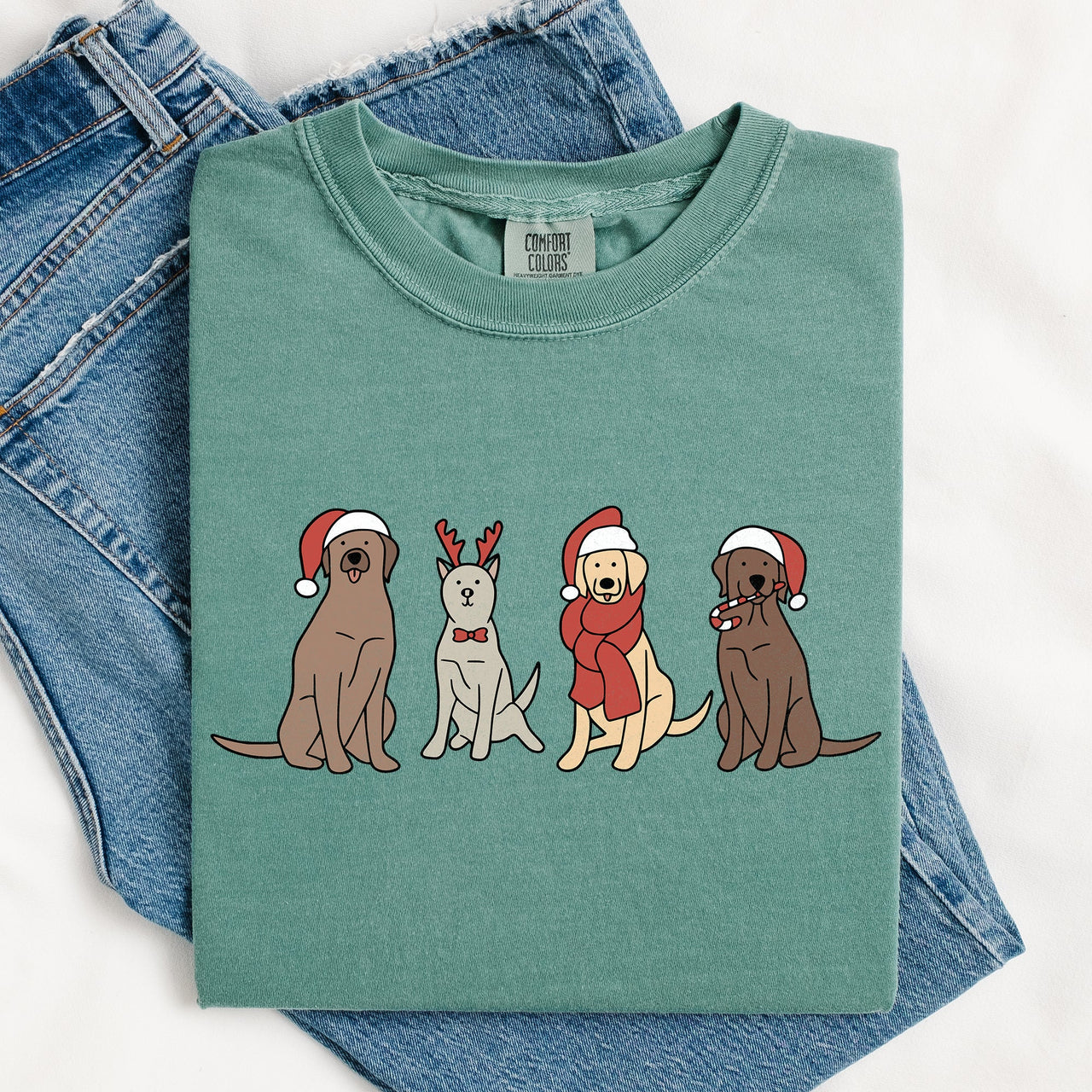 Adorable Christmas Dogs, Reindeer, Santa, Retro Xmas Holiday Scene Comfort Colors Tee
