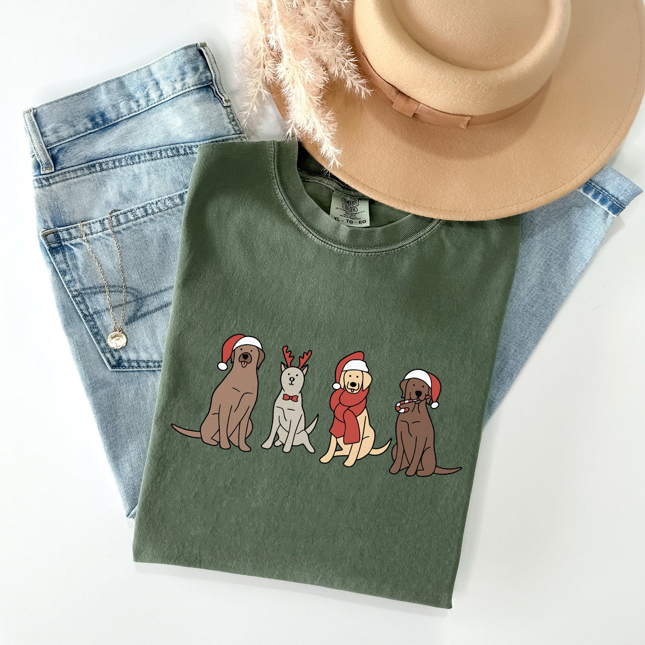 Adorable Christmas Dogs, Reindeer, Santa, Retro Xmas Holiday Scene Comfort Colors Tee