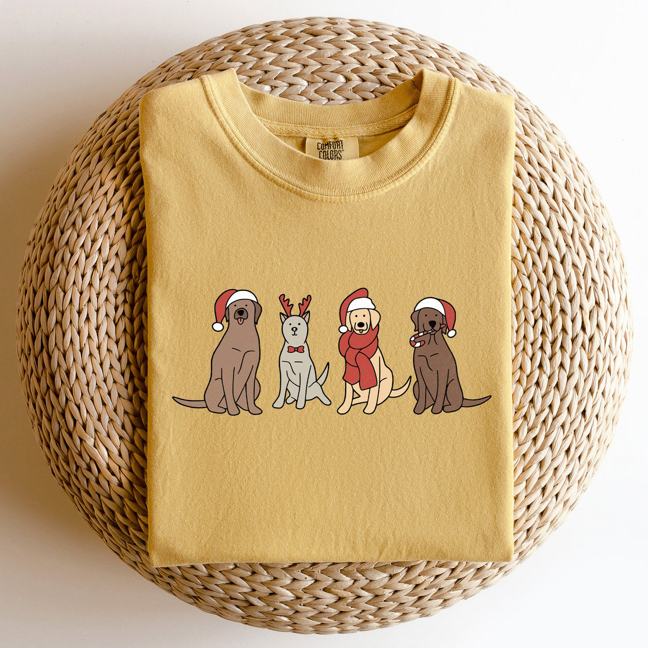 Adorable Christmas Dogs, Reindeer, Santa, Retro Xmas Holiday Scene Comfort Colors Tee