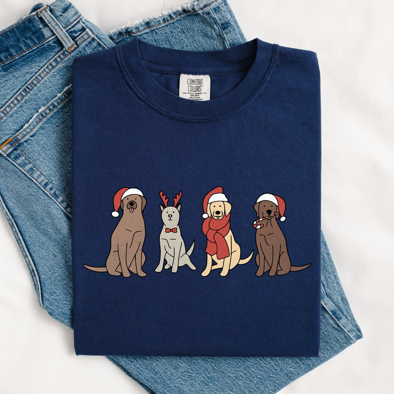 Adorable Christmas Dogs, Reindeer, Santa, Retro Xmas Holiday Scene Comfort Colors Tee