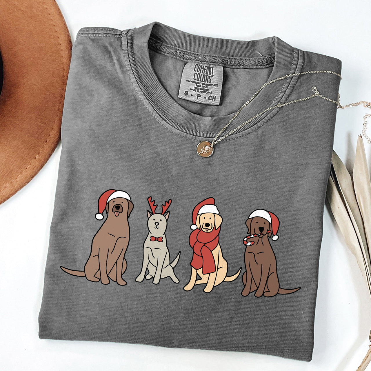 Adorable Christmas Dogs, Reindeer, Santa, Retro Xmas Holiday Scene Comfort Colors Tee