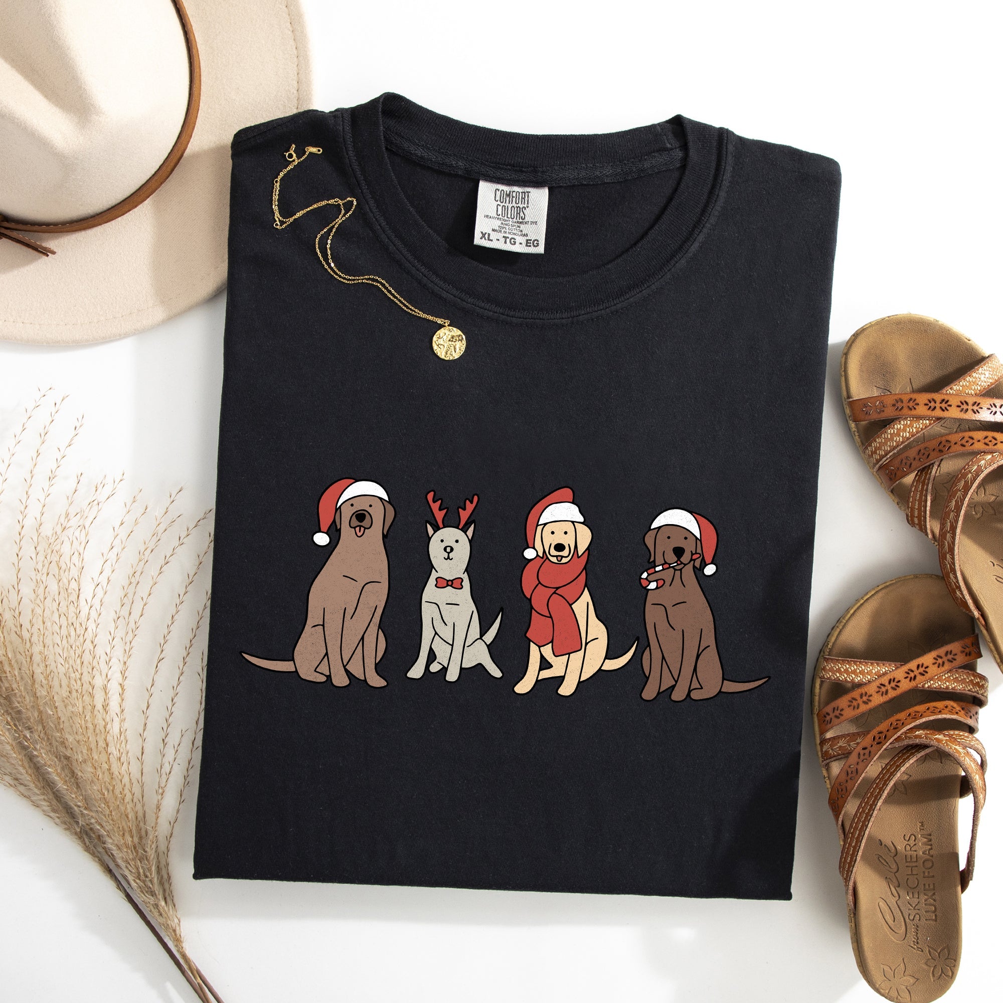 Adorable Christmas Dogs, Reindeer, Santa, Retro Xmas Holiday Scene Comfort Colors Tee