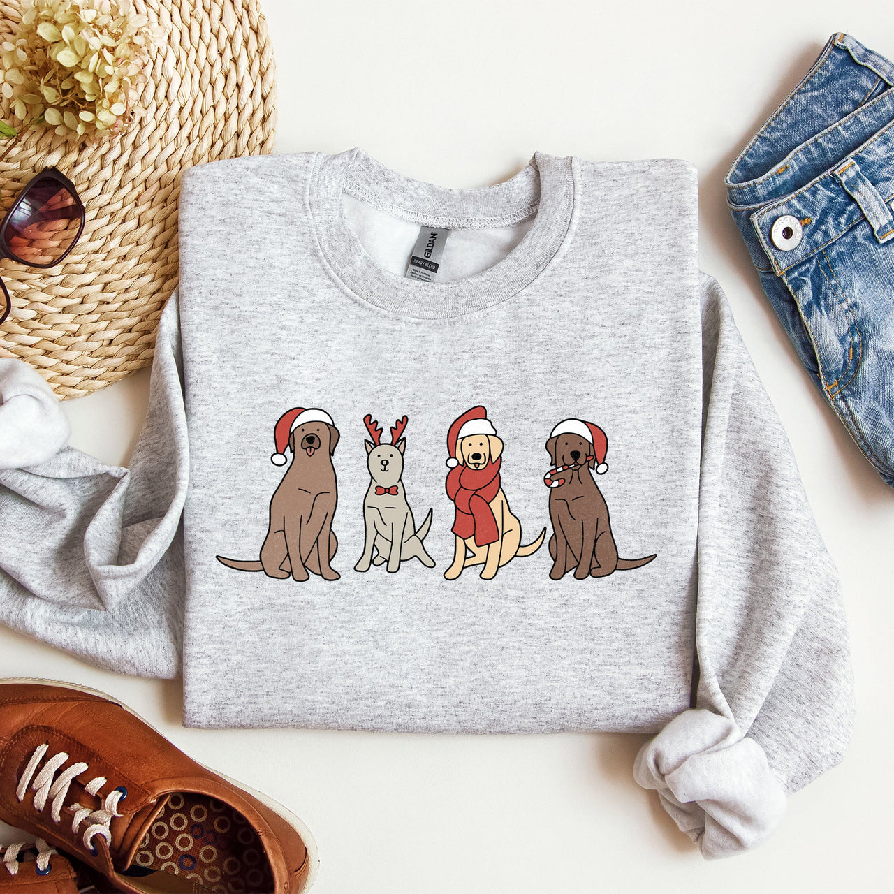 Adorable Christmas Dogs, Reindeer, Santa, Retro Xmas Festive Holiday Vibes Sweatshirt