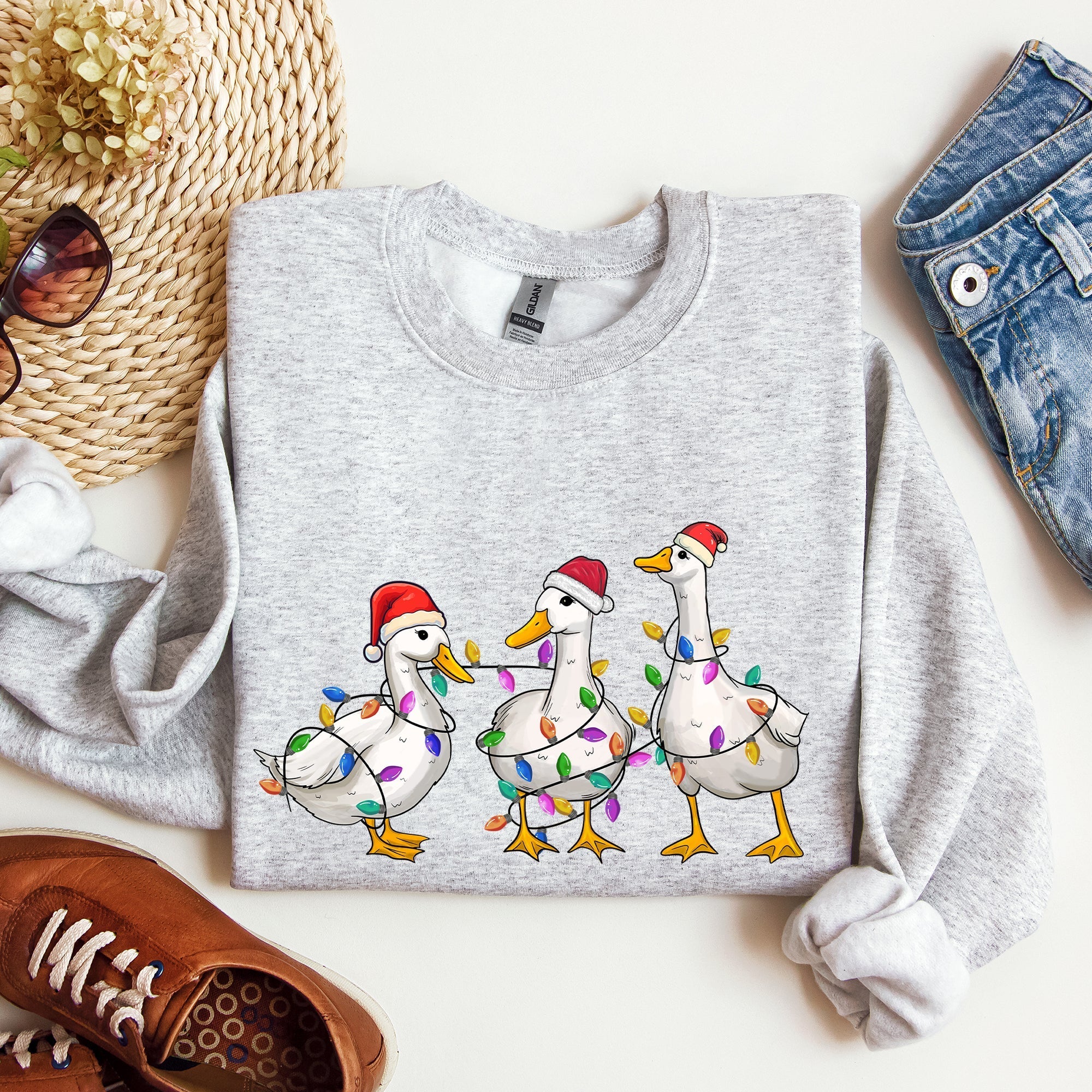Adorable Christmas Ducks Santa Farm Life Holiday Scene With Cozy Farmhouse Charm Sweatshirt