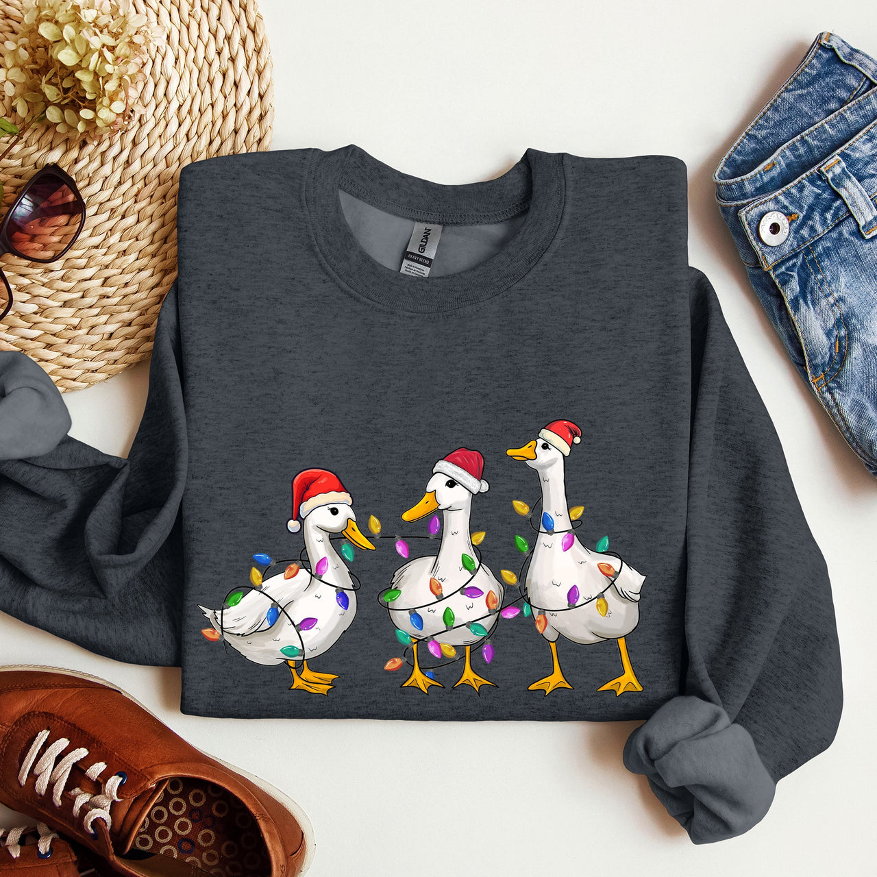 Adorable Christmas Ducks Santa Farm Life Holiday Scene With Cozy Farmhouse Charm Sweatshirt