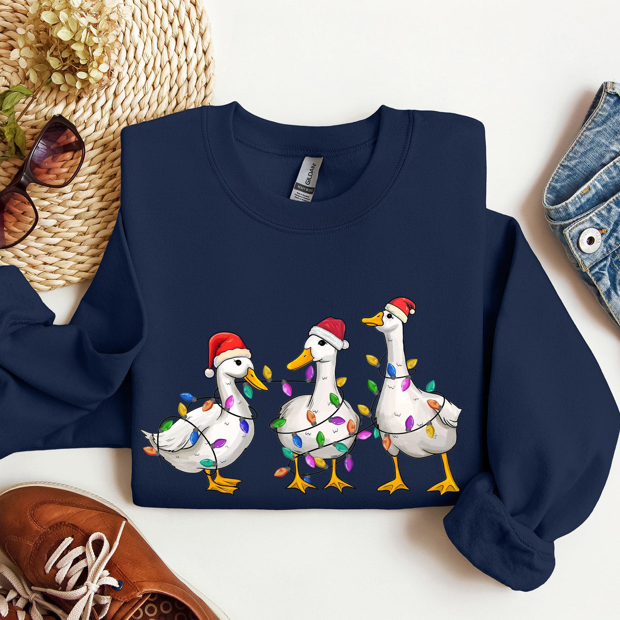 Adorable Christmas Ducks Santa Farm Life Holiday Scene With Cozy Farmhouse Charm Sweatshirt