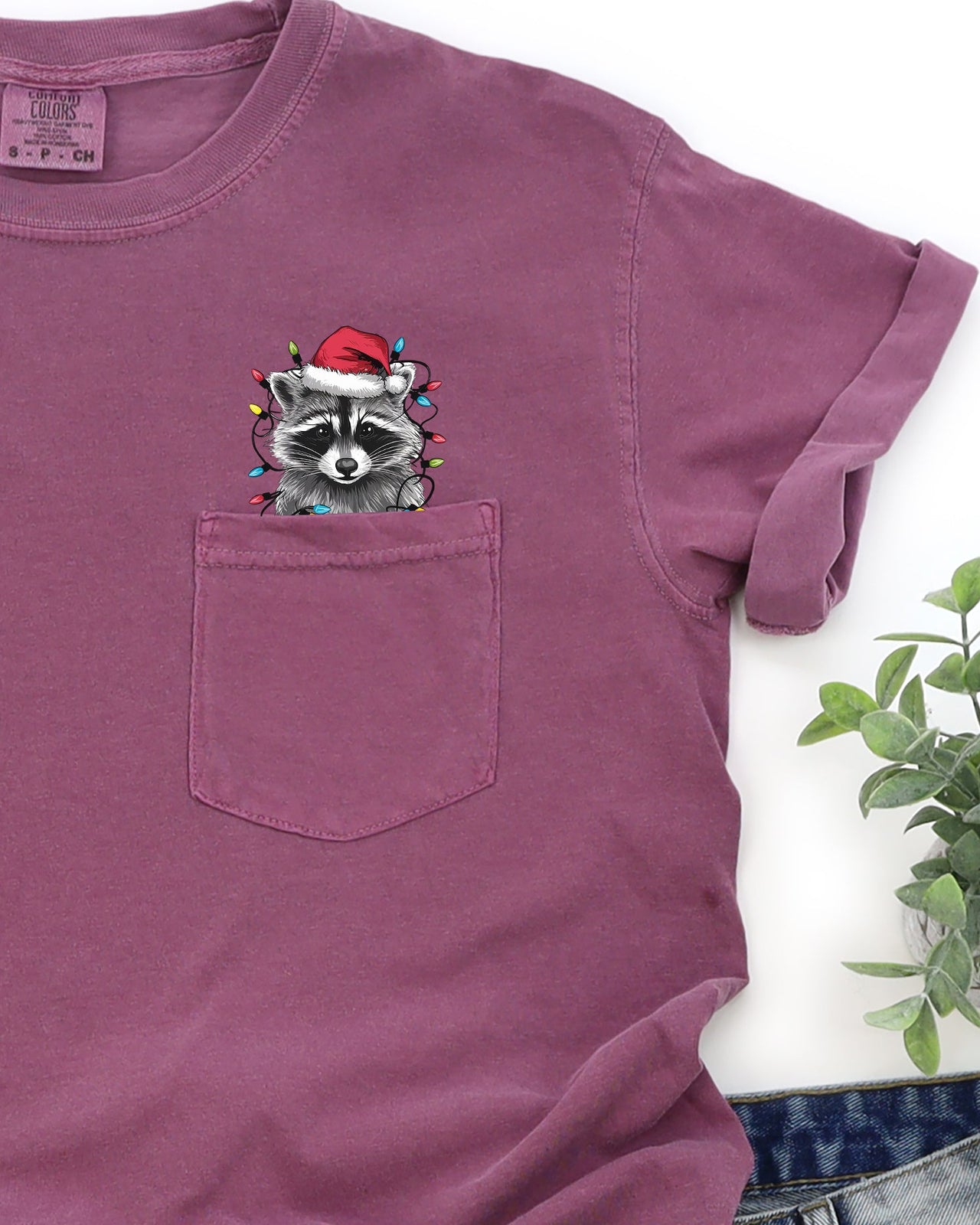 Adorable Christmas Raccoon Pocket Santa Snow Winter Scene Trash Panda Cute Holiday Illustration Comfort Colors Tee