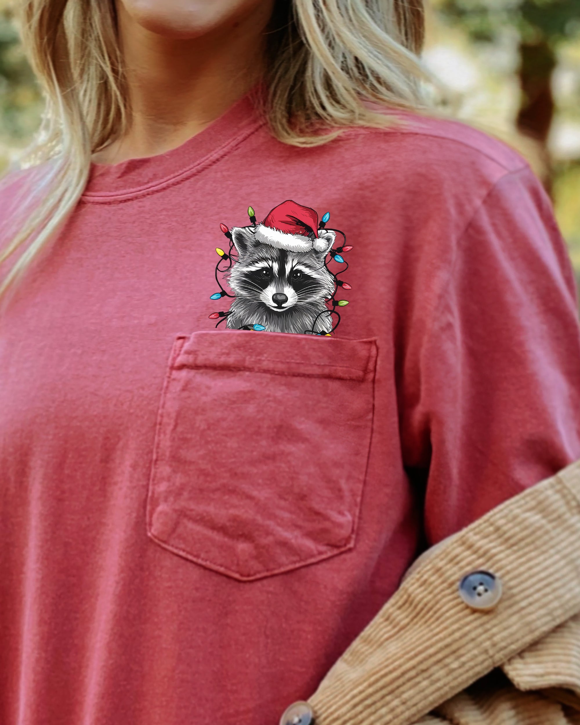 Adorable Christmas Raccoon Pocket Santa Snow Winter Scene Trash Panda Cute Holiday Illustration Comfort Colors Tee