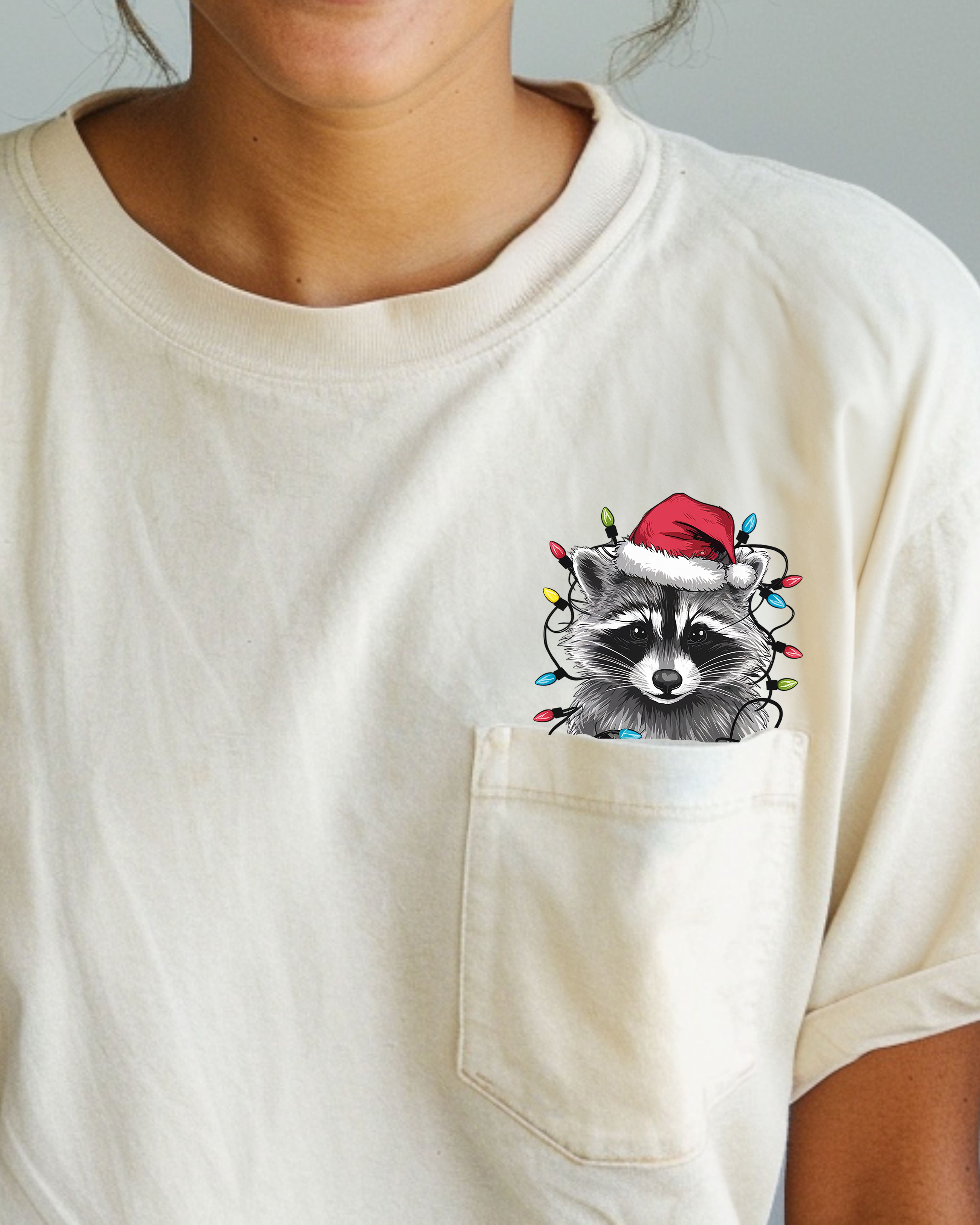 Adorable Christmas Raccoon Pocket Santa Snow Winter Scene Trash Panda Cute Holiday Illustration Comfort Colors Tee