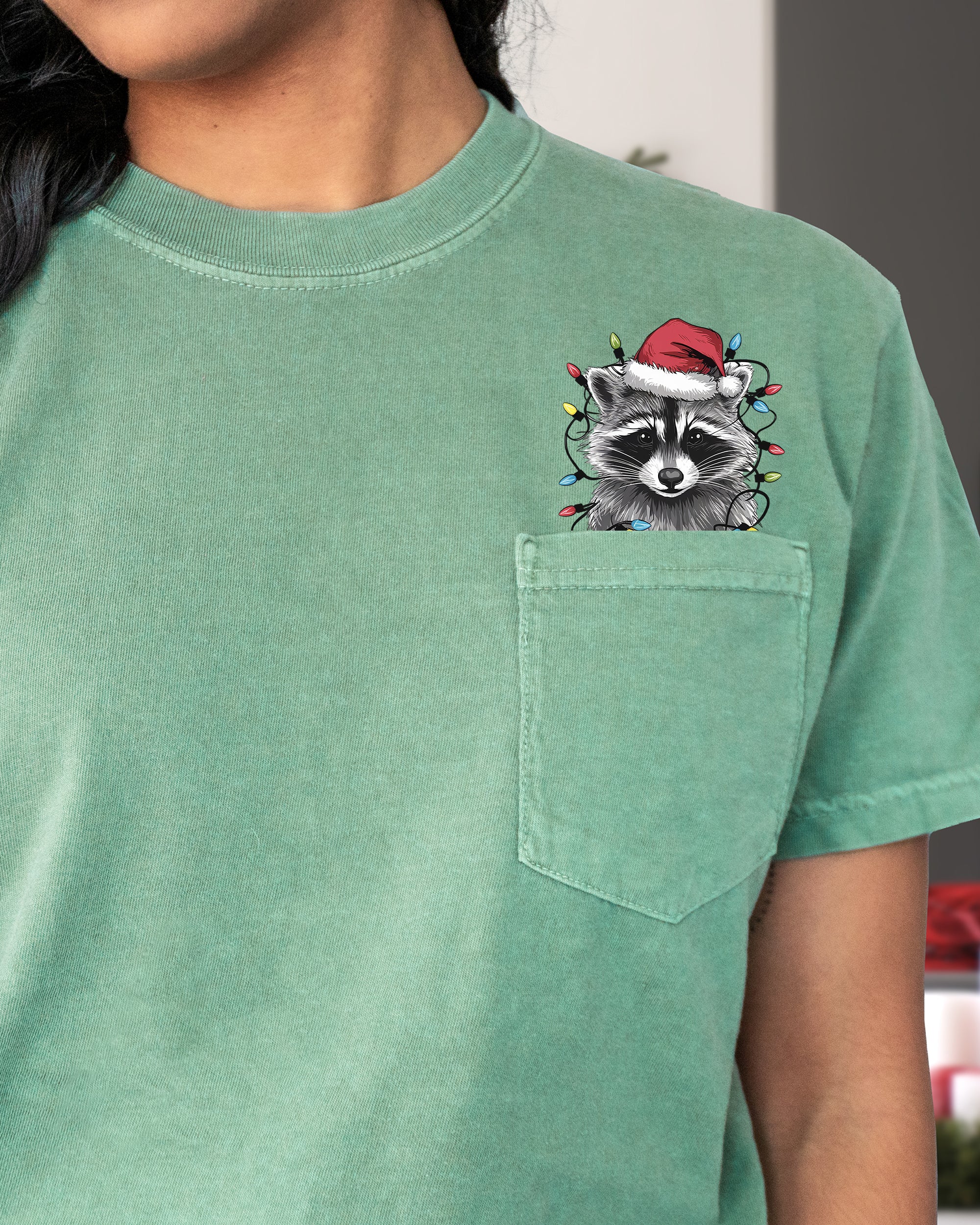 Adorable Christmas Raccoon Pocket Santa Snow Winter Scene Trash Panda Cute Holiday Illustration Comfort Colors Tee