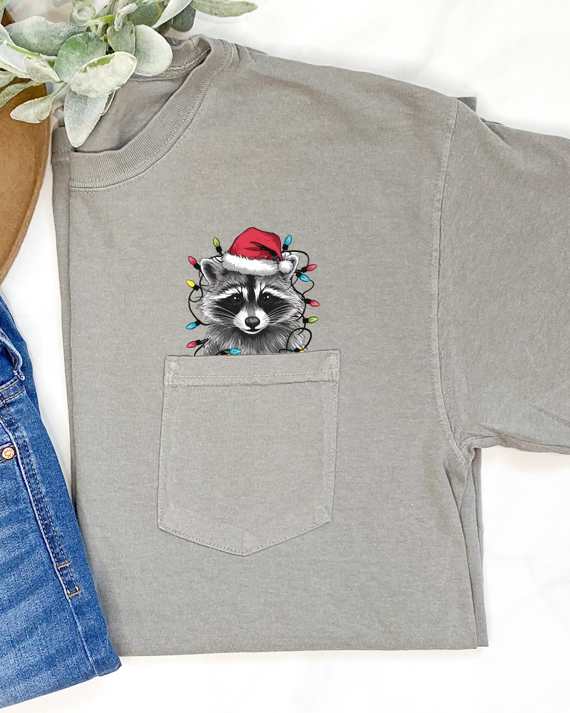Adorable Christmas Raccoon Pocket Santa Snow Winter Scene Trash Panda Cute Holiday Illustration Comfort Colors Tee