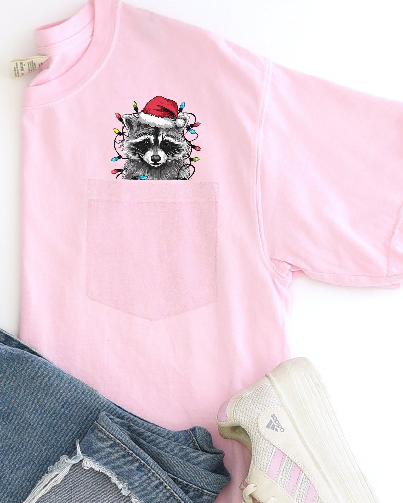 Adorable Christmas Raccoon Pocket Santa Snow Winter Scene Trash Panda Cute Holiday Illustration Comfort Colors Tee