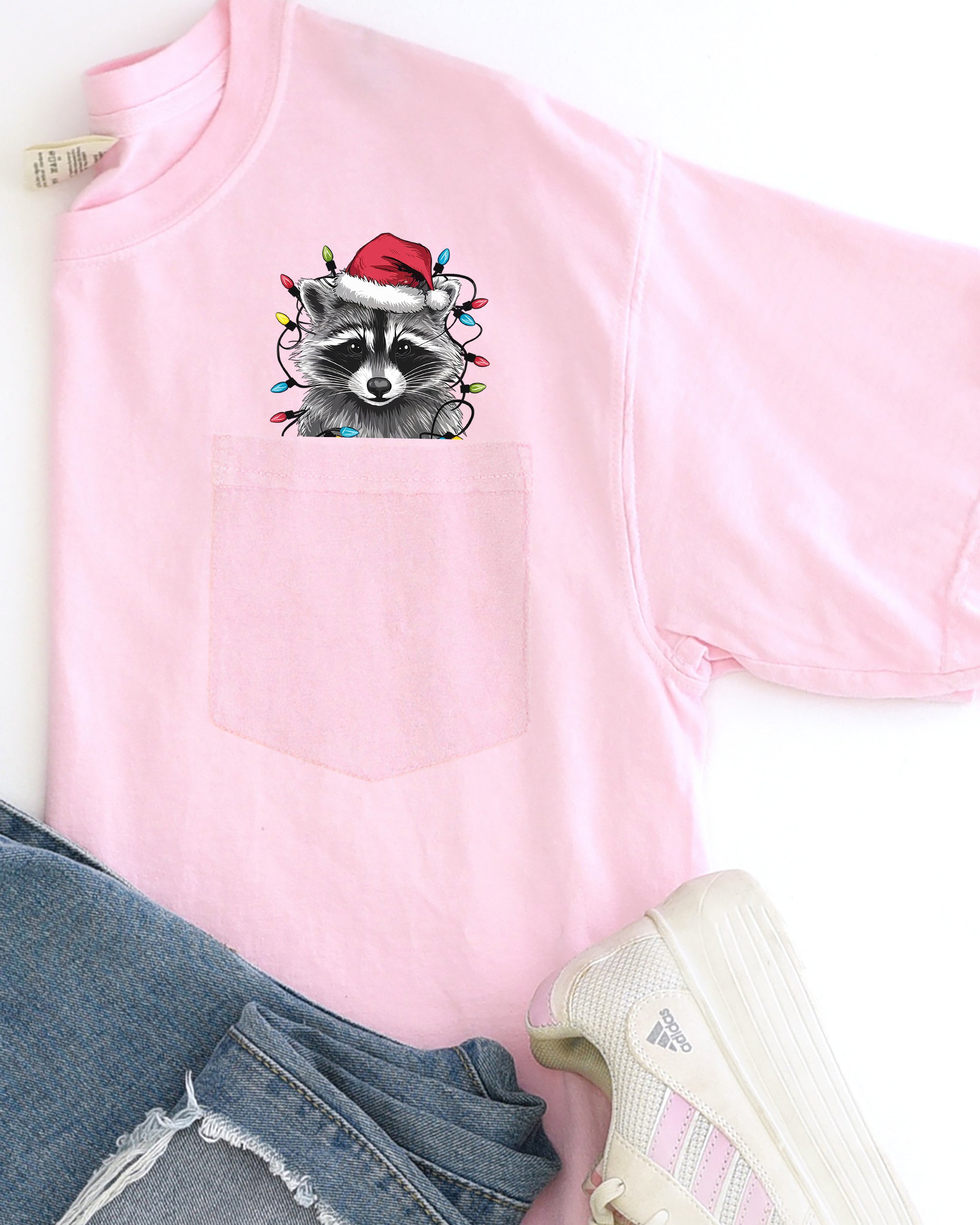 Adorable Christmas Raccoon Pocket Santa Snow Winter Scene Trash Panda Cute Holiday Illustration Comfort Colors Tee