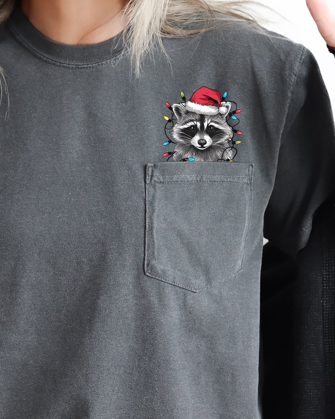 Adorable Christmas Raccoon Pocket Santa Snow Winter Scene Trash Panda Cute Holiday Illustration Comfort Colors Tee