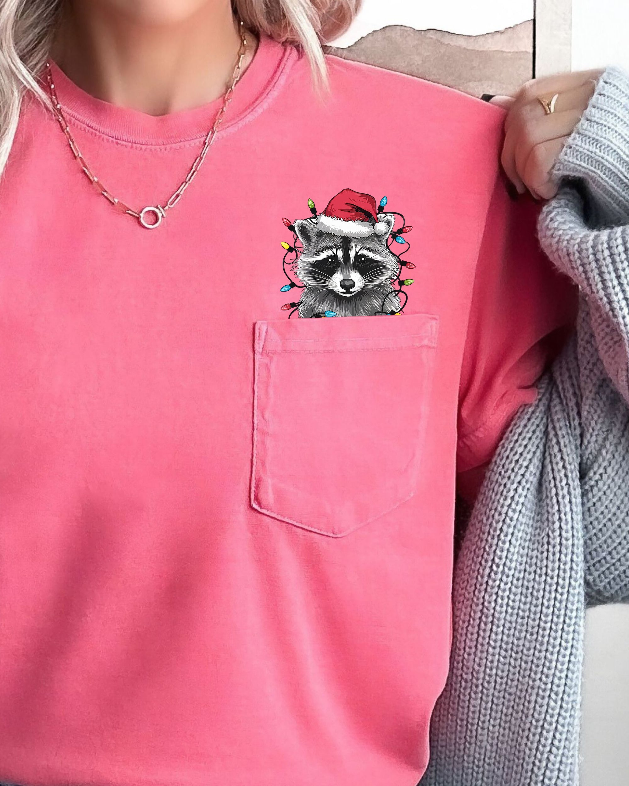 Adorable Christmas Raccoon Pocket Santa Snow Winter Scene Trash Panda Cute Holiday Illustration Comfort Colors Tee