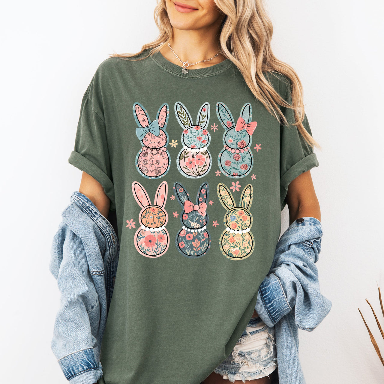 Adorable Floral Bunnies Easter Jesus Rabbit Holiday Theme Graphic Comfort Colors Tee