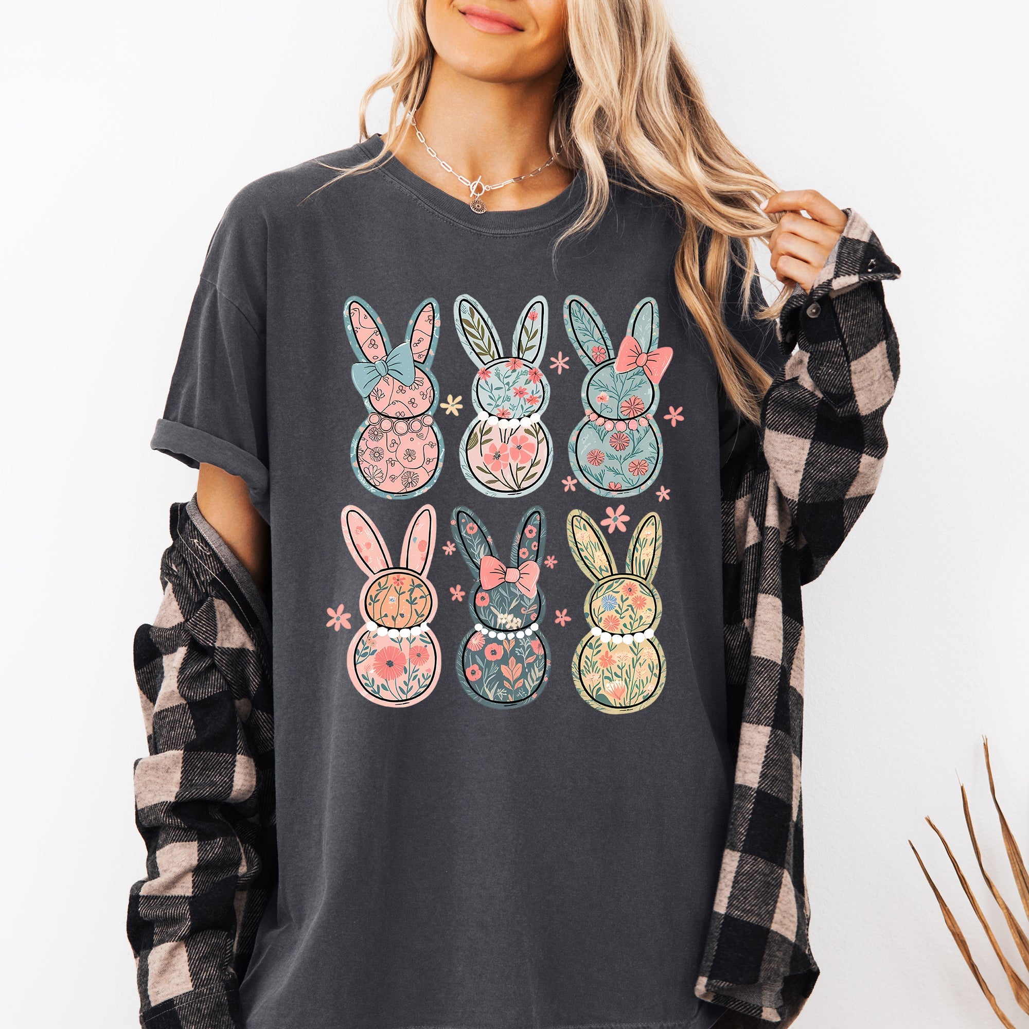 Adorable Floral Bunnies Easter Jesus Rabbit Holiday Theme Graphic Comfort Colors Tee