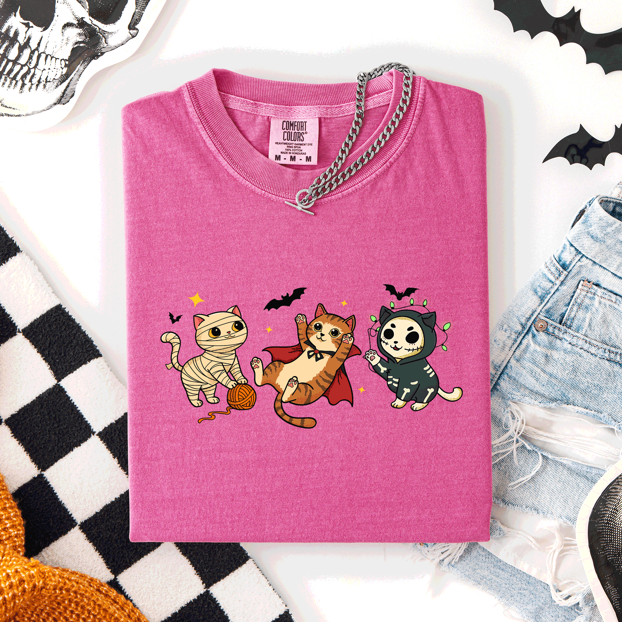 Adorable Halloween Cats Cozy Autumn Cat Themed Whimsical Feline Nighttime Festival Favorite Comfort Colors Tee