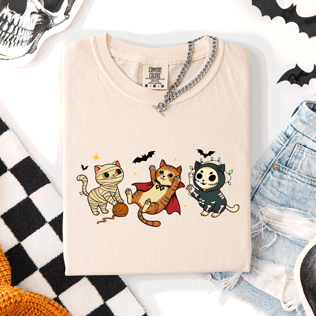 Adorable Halloween Cats Cozy Autumn Cat Themed Whimsical Feline Nighttime Festival Favorite Comfort Colors Tee