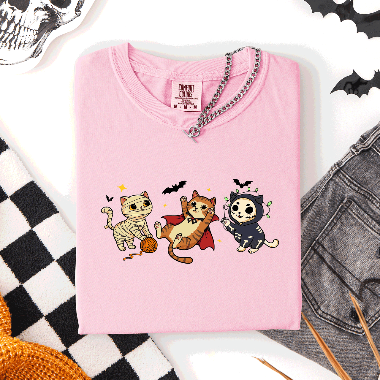 Adorable Halloween Cats Cozy Autumn Cat Themed Whimsical Feline Nighttime Festival Favorite Comfort Colors Tee