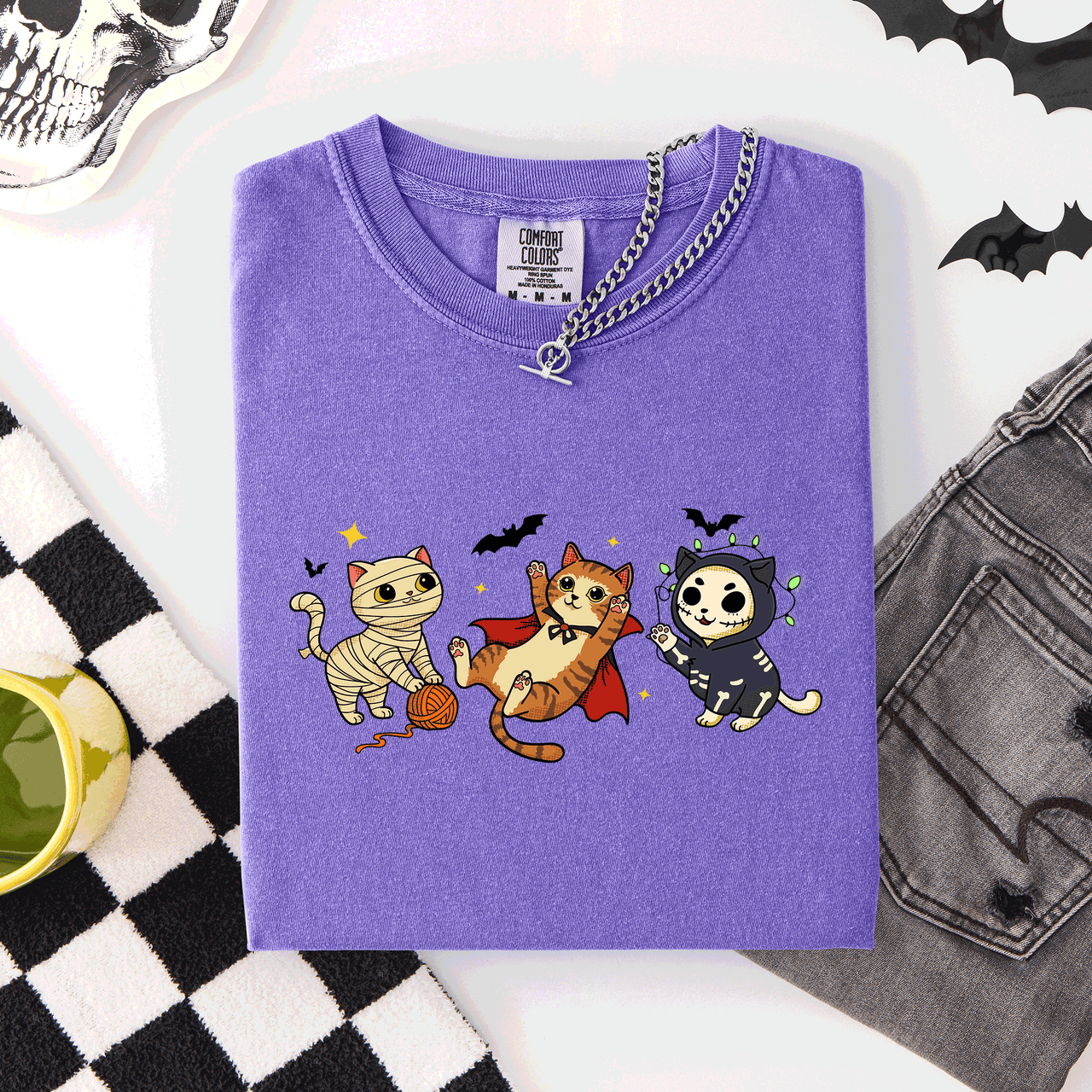 Adorable Halloween Cats Cozy Autumn Cat Themed Whimsical Feline Nighttime Festival Favorite Comfort Colors Tee