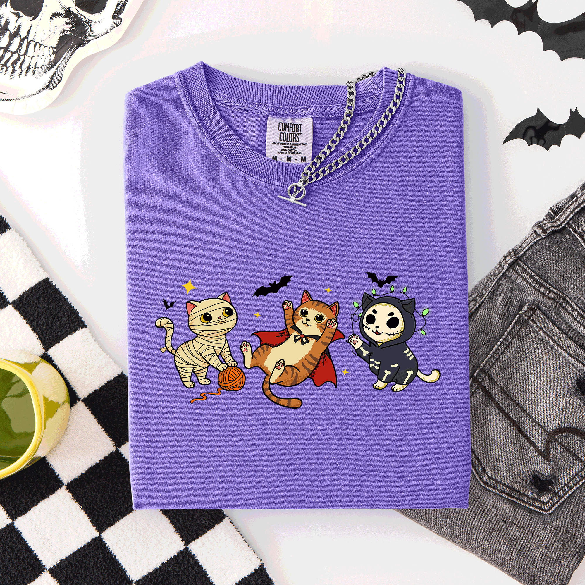 Adorable Halloween Cats Cozy Autumn Cat Themed Whimsical Feline Nighttime Festival Favorite Comfort Colors Tee