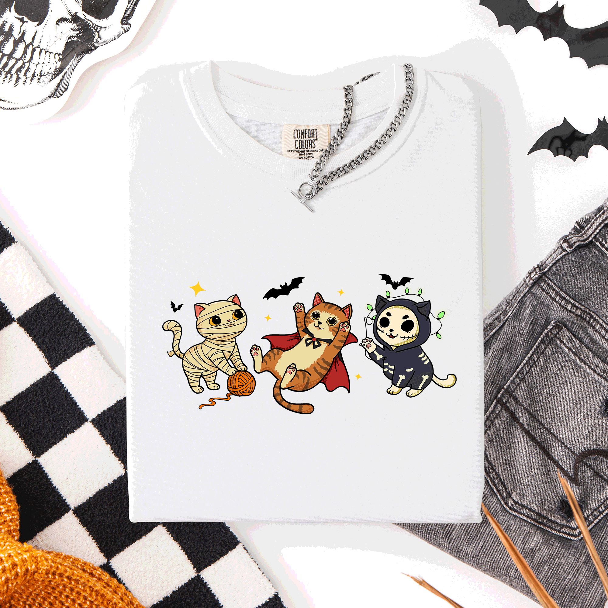 Adorable Halloween Cats Cozy Autumn Cat Themed Whimsical Feline Nighttime Festival Favorite Comfort Colors Tee