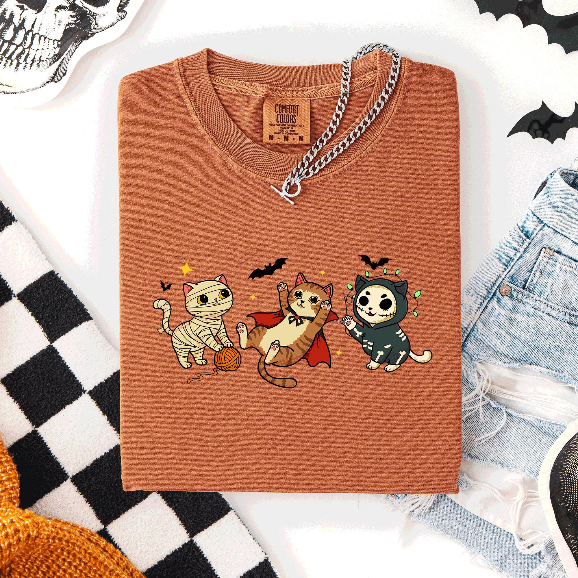 Adorable Halloween Cats Cozy Autumn Cat Themed Whimsical Feline Nighttime Festival Favorite Comfort Colors Tee