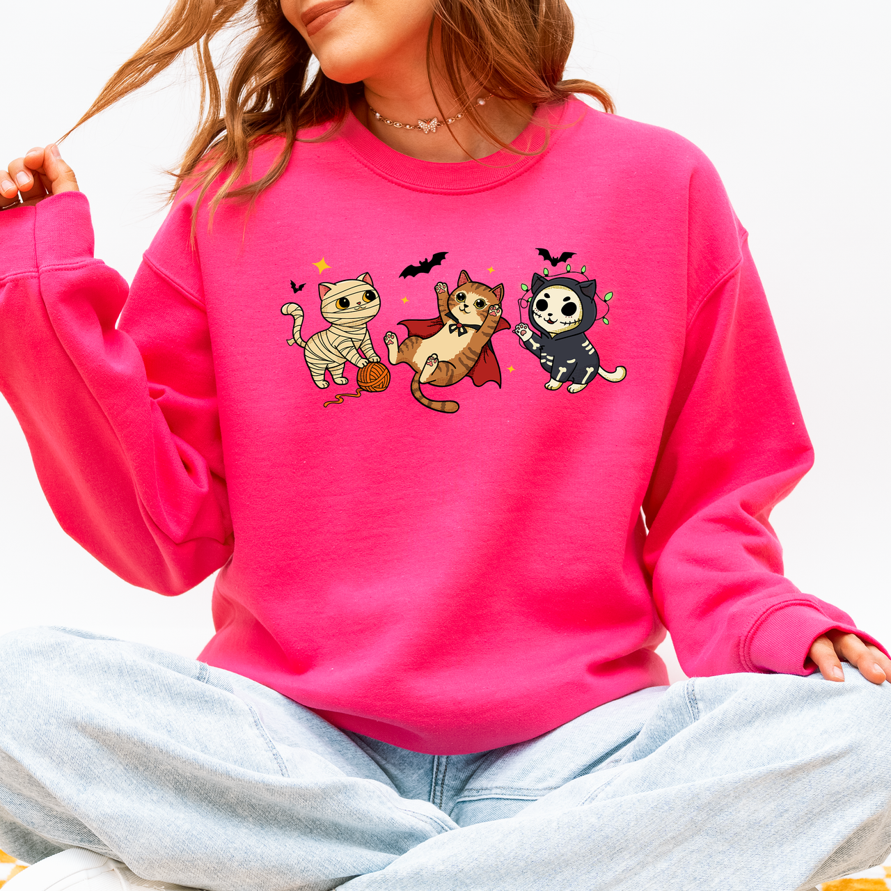 Adorable Halloween Cats All Over Feline Illustration Cozy Costume Style Sweatshirt