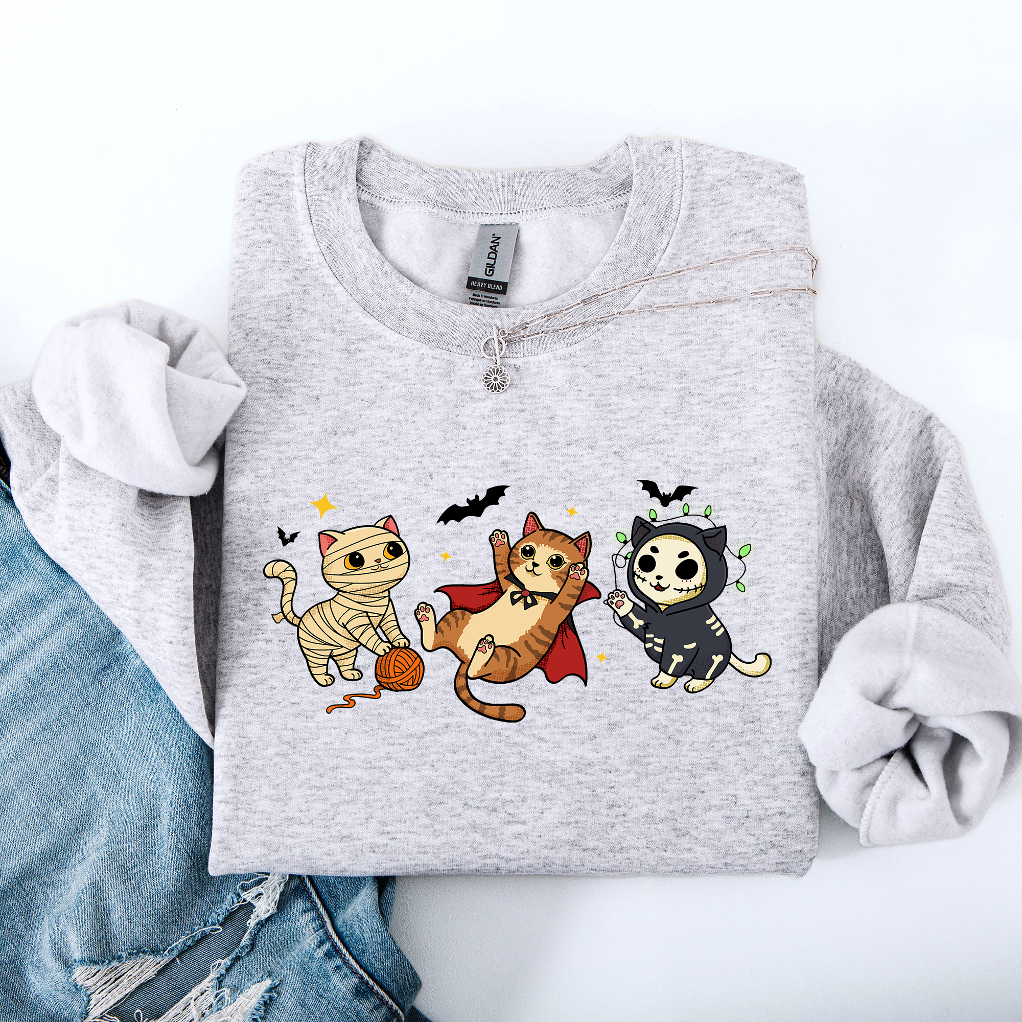 Adorable Halloween Cats All Over Feline Illustration Cozy Costume Style Sweatshirt