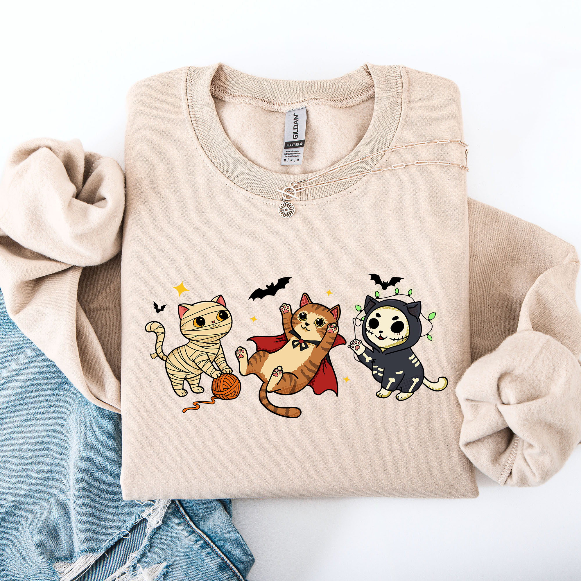 Adorable Halloween Cats All Over Feline Illustration Cozy Costume Style Sweatshirt