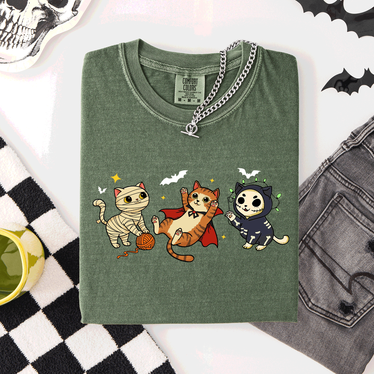 Adorable Halloween Cats Cozy Autumn Cat Themed Whimsical Feline Nighttime Festival Favorite Comfort Colors Tee