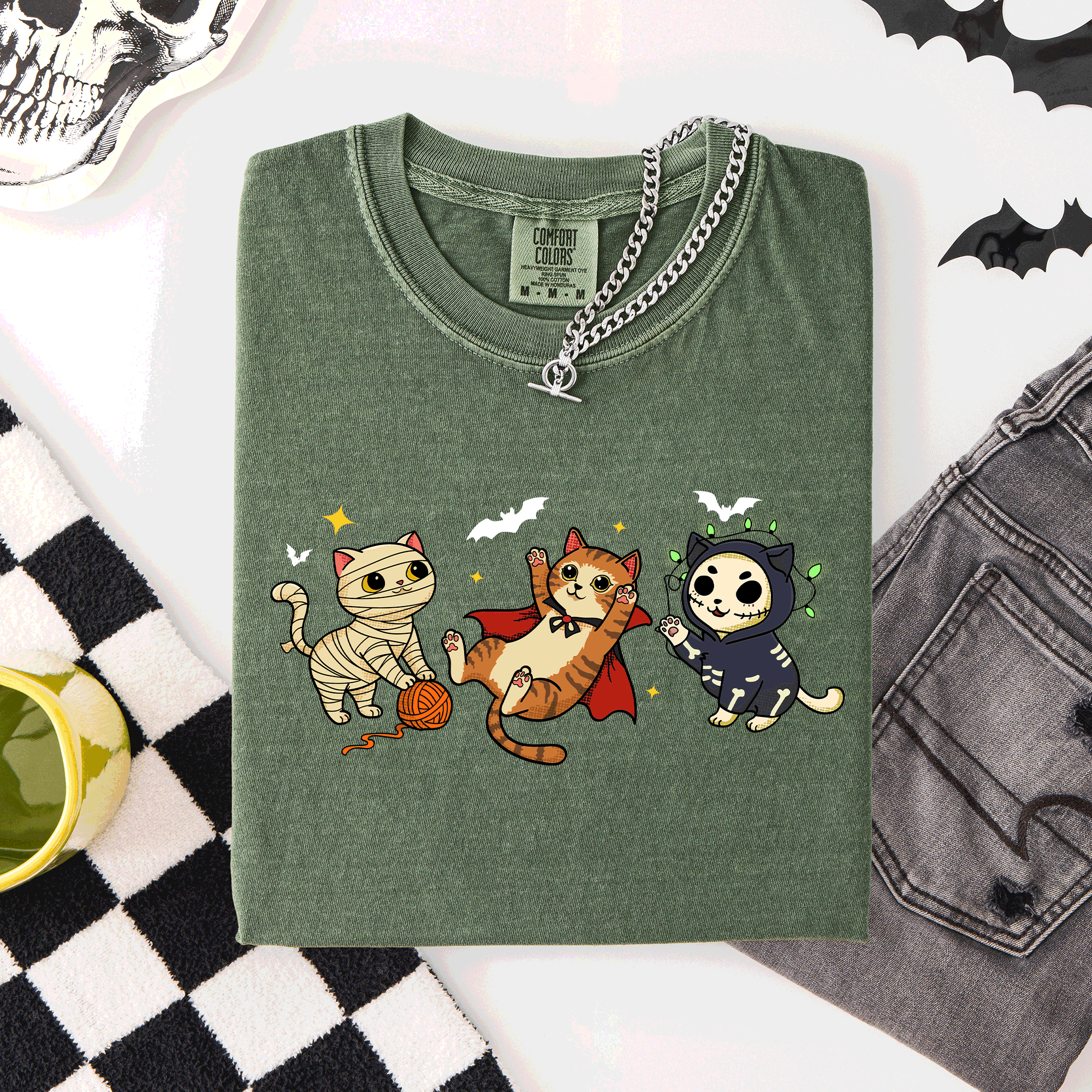 Adorable Halloween Cats Cozy Autumn Cat Themed Whimsical Feline Nighttime Festival Favorite Comfort Colors Tee