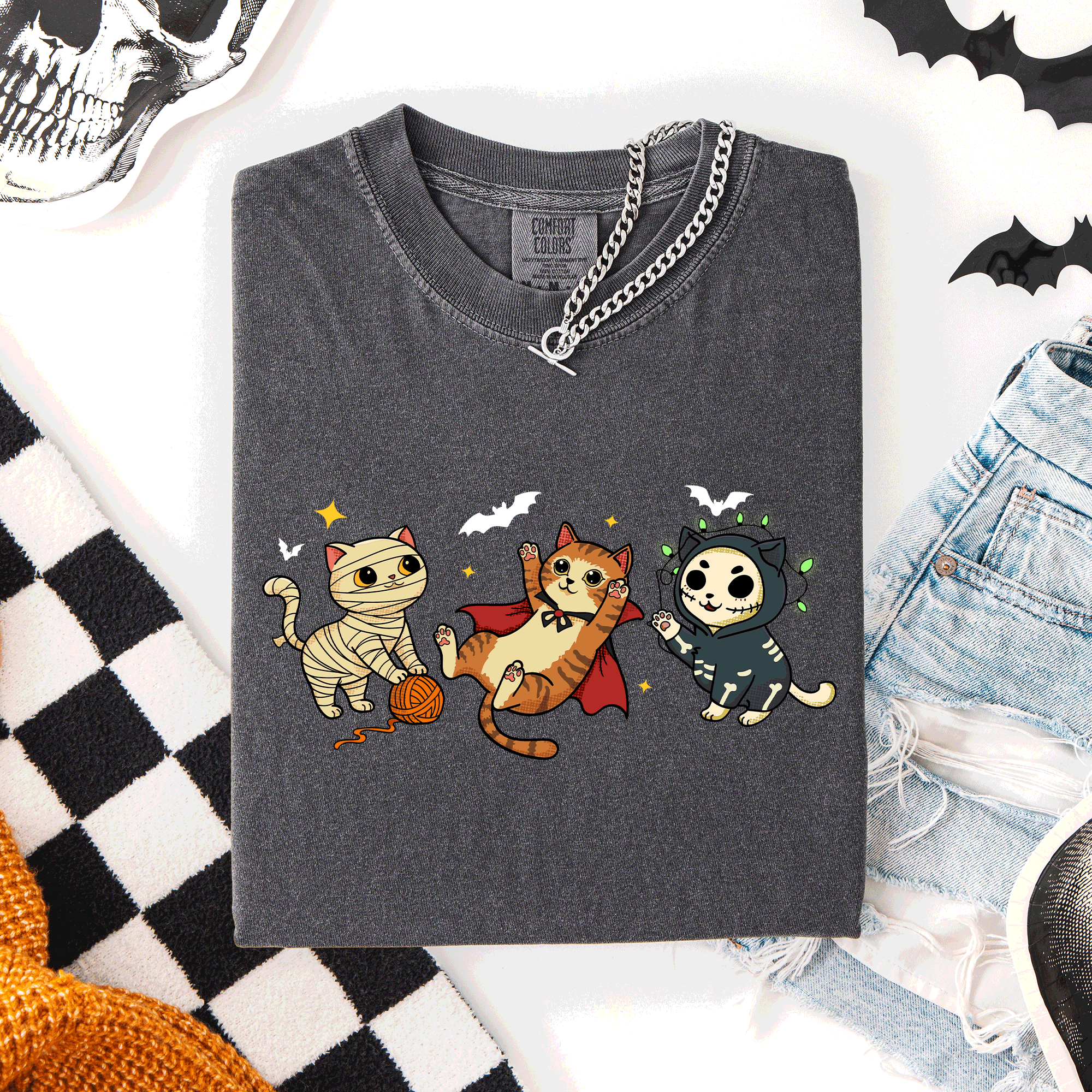 Adorable Halloween Cats Cozy Autumn Cat Themed Whimsical Feline Nighttime Festival Favorite Comfort Colors Tee