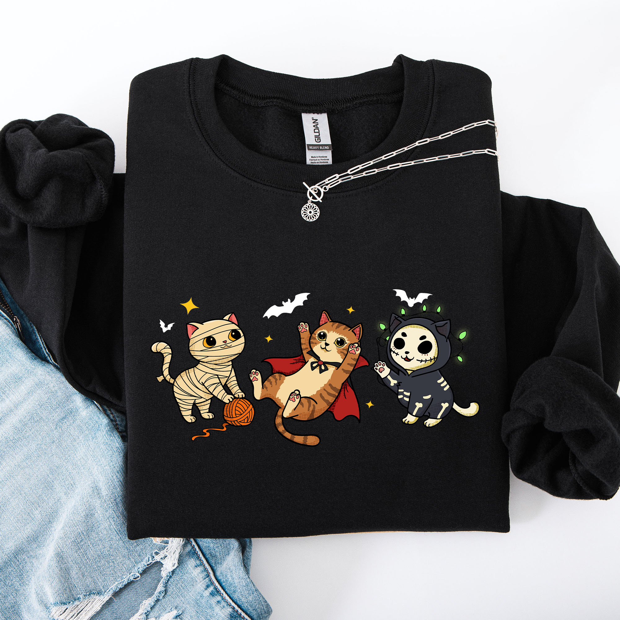 Adorable Halloween Cats All Over Feline Illustration Cozy Costume Style Sweatshirt