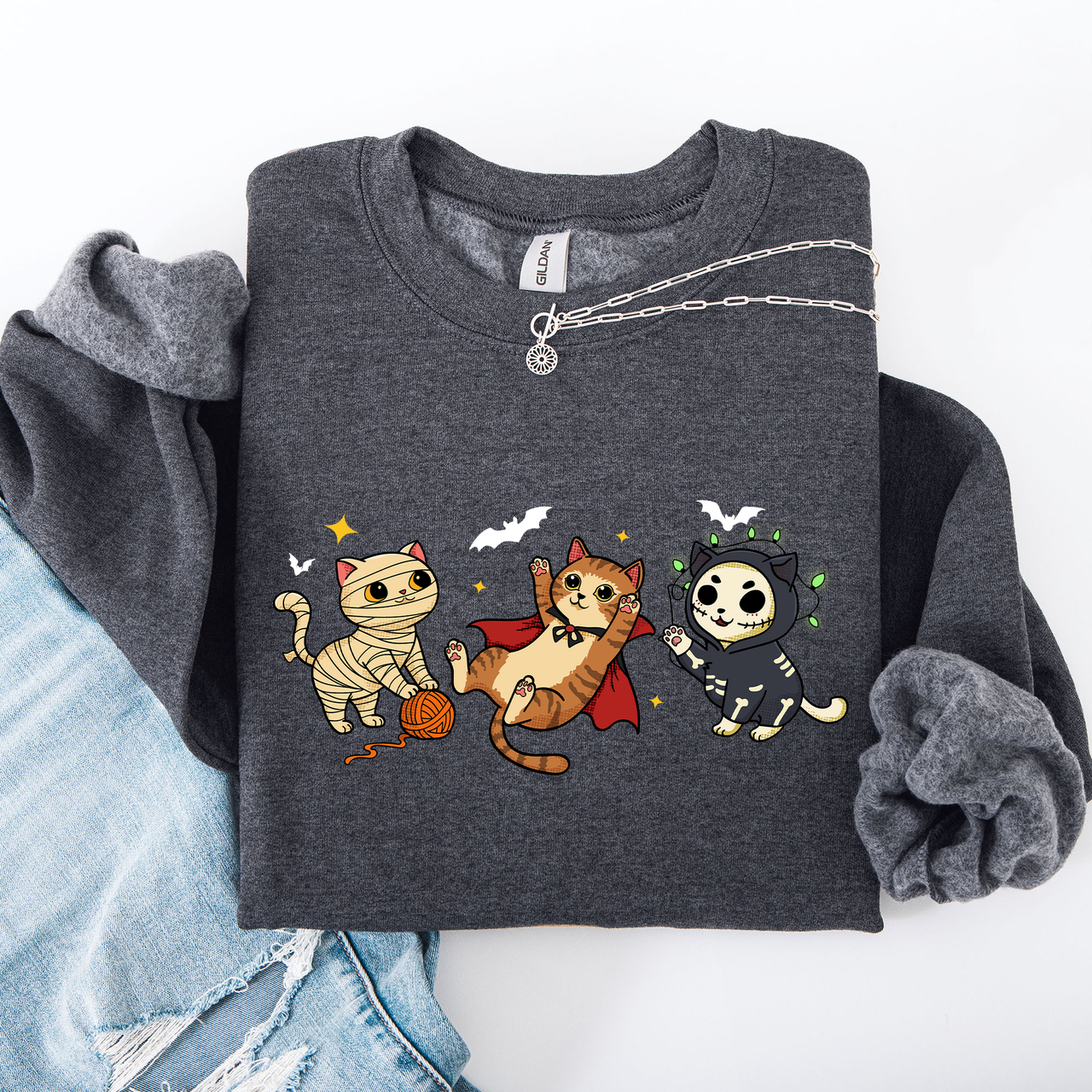 Adorable Halloween Cats All Over Feline Illustration Cozy Costume Style Sweatshirt