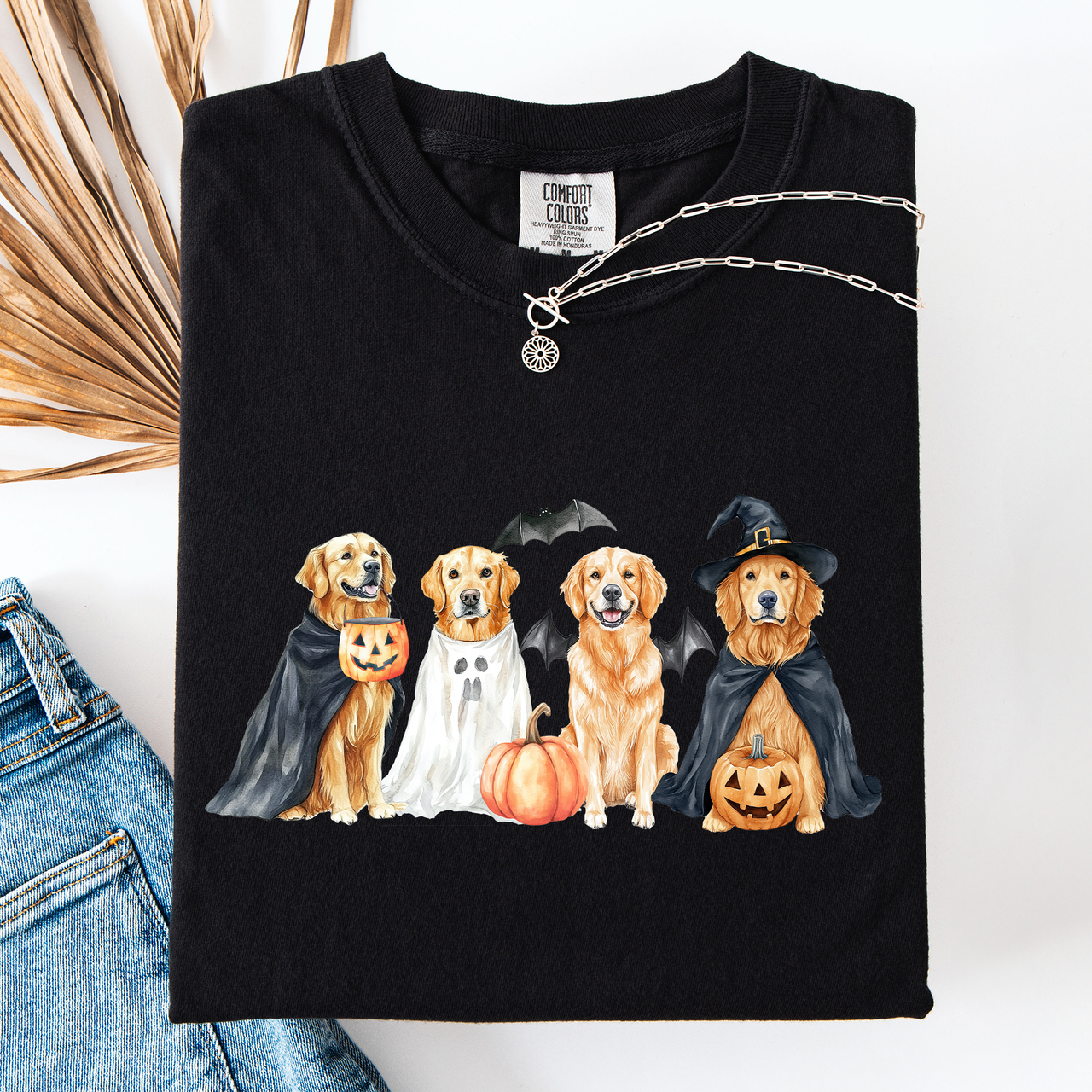 Adorable Halloween Dogs And Bats Pumpkins Spooky Witch Scene Cozy Comfort Colors Tee
