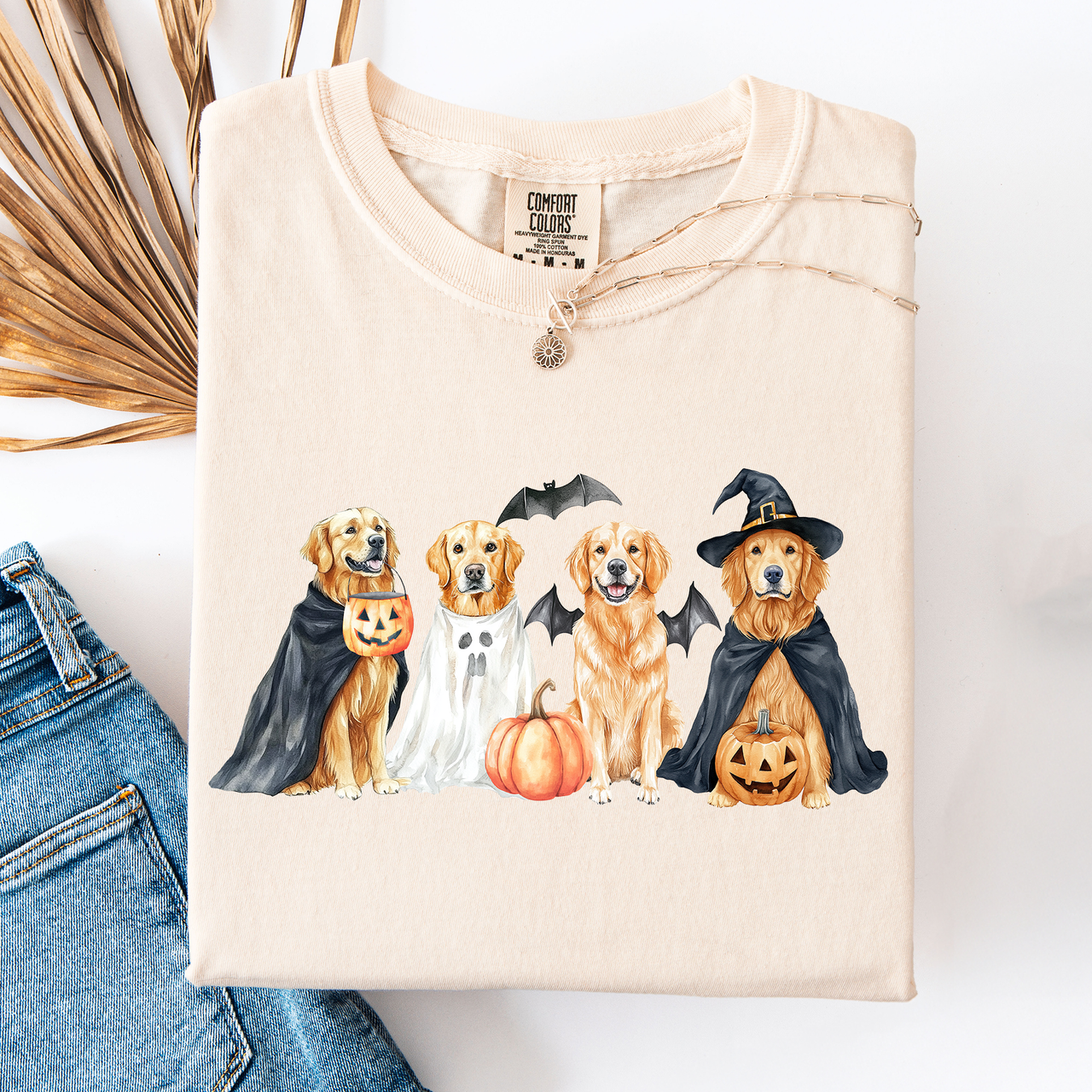 Adorable Halloween Dogs And Bats Pumpkins Spooky Witch Scene Cozy Comfort Colors Tee