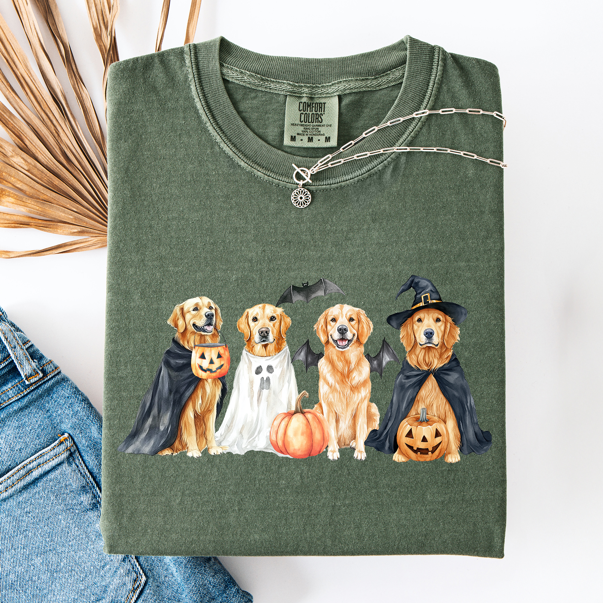 Adorable Halloween Dogs And Bats Pumpkins Spooky Witch Scene Cozy Comfort Colors Tee