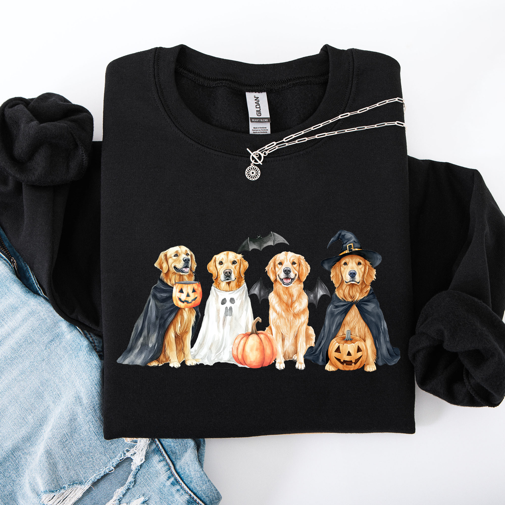 Adorable Halloween Dogs, Bats, Pumpkins, Spooky Witch Patchwork Retro Sweatshirt