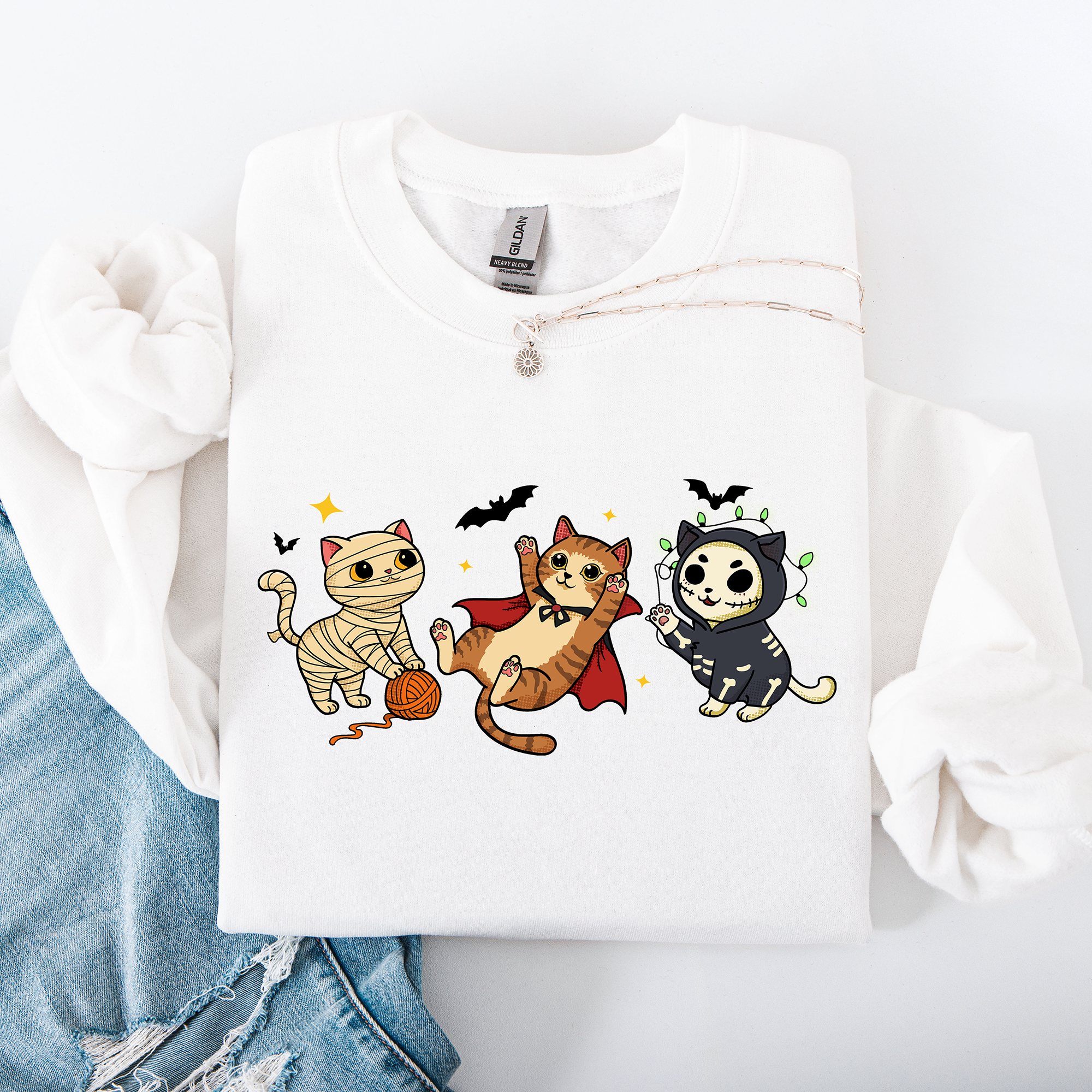 Adorable Halloween Cats All Over Feline Illustration Cozy Costume Style Sweatshirt