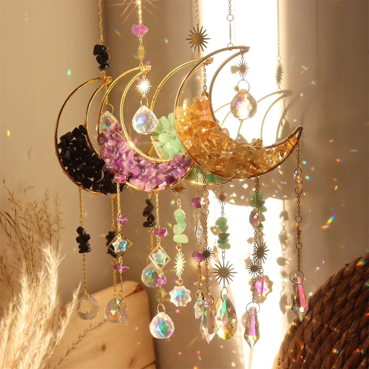 Hourglass Moon Purple Blue Green Pink Crystal Sun Catcher Pendant Decoration, Half Moon Window Hanging Pendant - Home and Garden