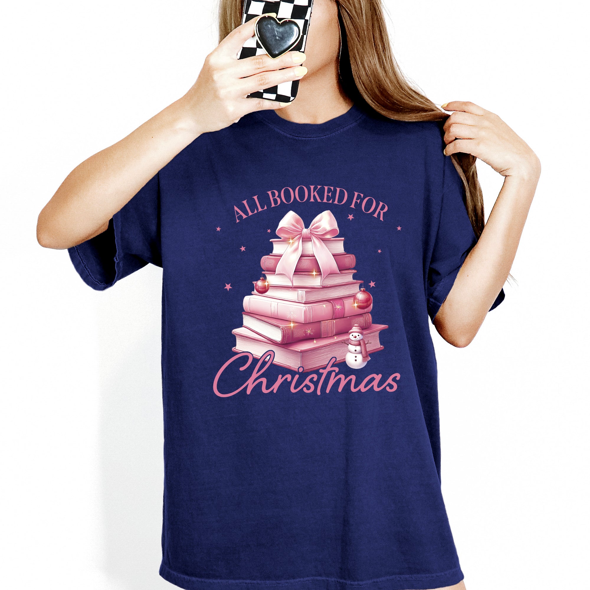 All Booked For Christmas Coquette Reading Teacher Winter Santa Xmas Comfort Colors Tee