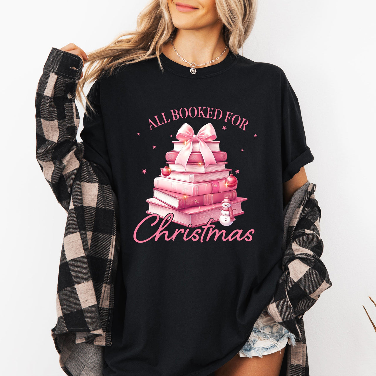 All Booked For Christmas Coquette Reading Teacher Winter Santa Xmas Comfort Colors Tee