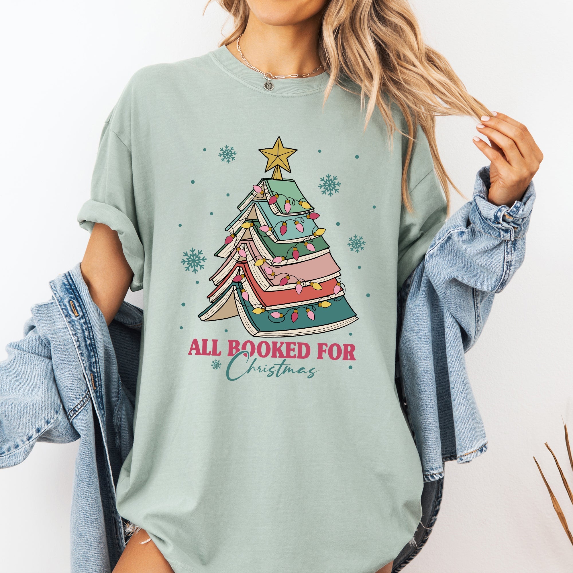 All Booked For Christmas Reading Teacher Winter Santa Xmas Holiday Edition Comfort Colors Tee
