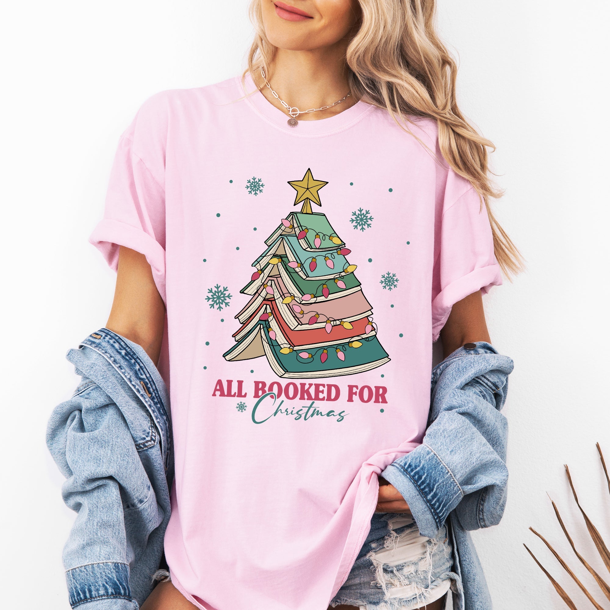 All Booked For Christmas Reading Teacher Winter Santa Xmas Holiday Edition Comfort Colors Tee